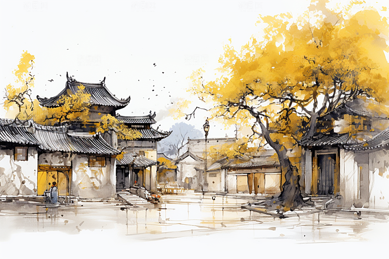 水墨江南小镇水彩插画