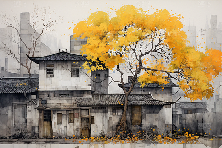 水墨江南水乡晕染插画