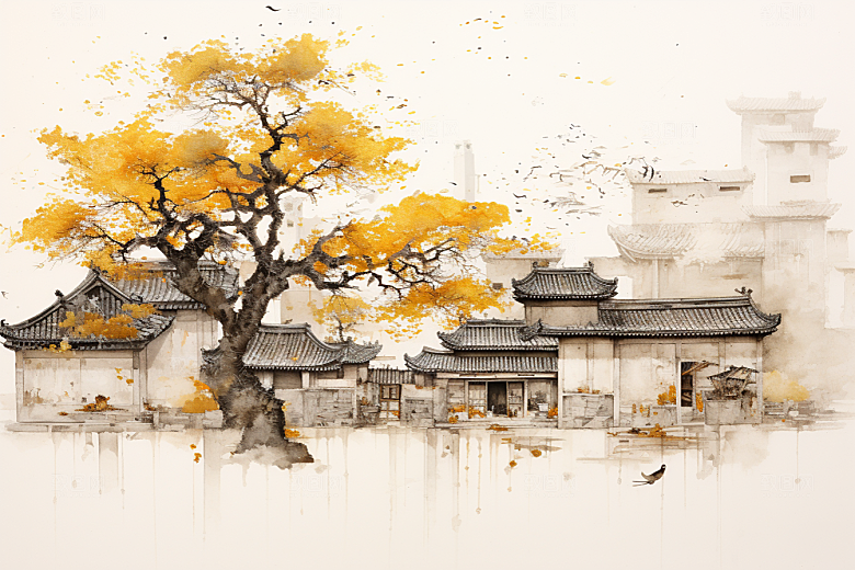 水墨江南水彩手绘插画