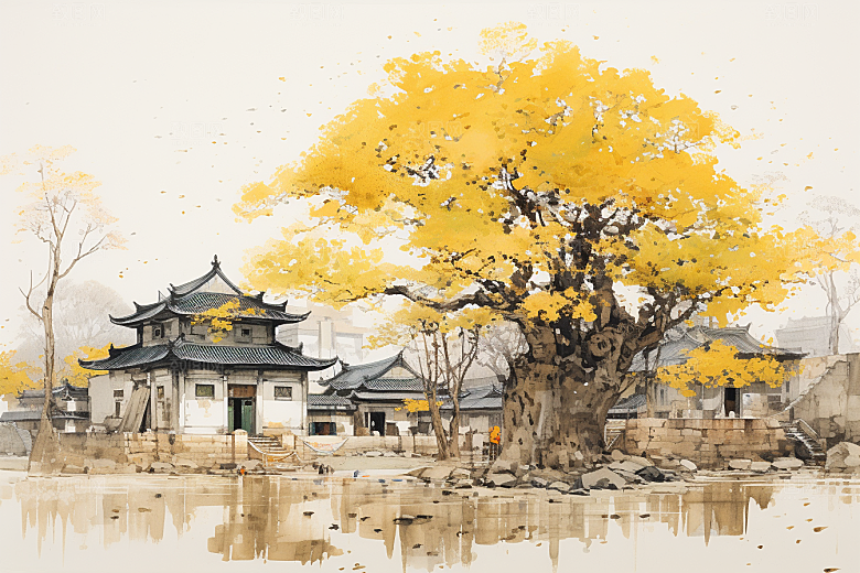 水墨江南中国风小镇插画