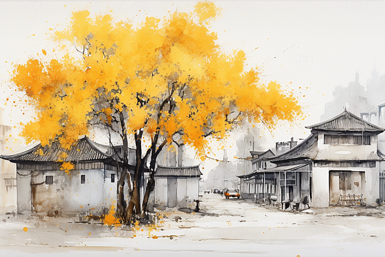 水墨江南水彩粉墙黛瓦插画