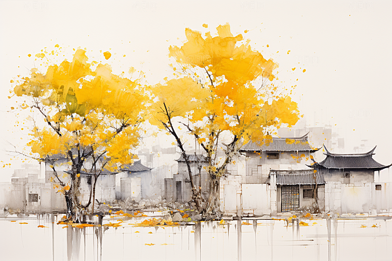 水墨江南中式晕染插画