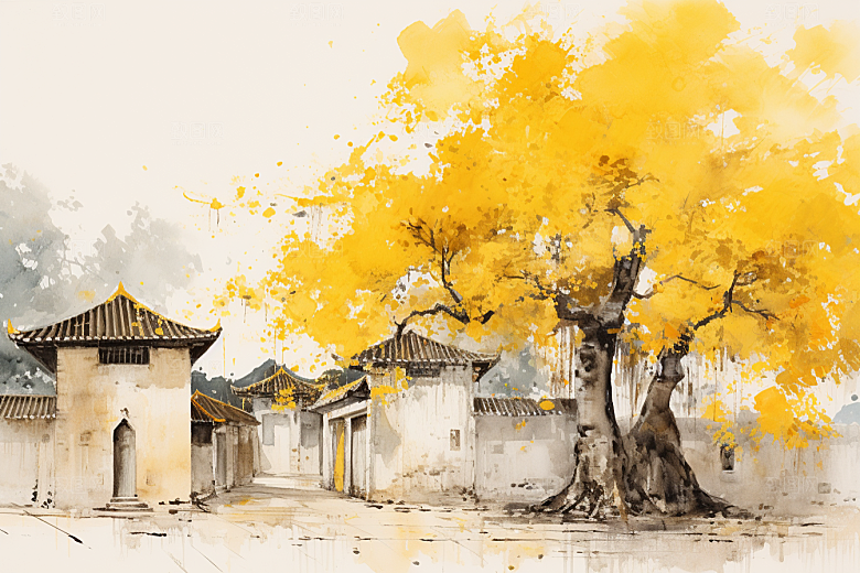 水墨江南小桥流水粉墙黛瓦插画