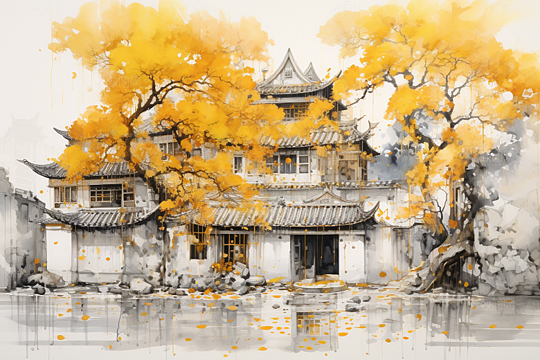 水墨江南晕染水彩插画