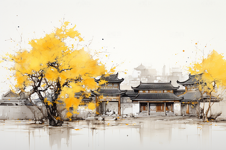 水墨江南小桥流水中国风插画