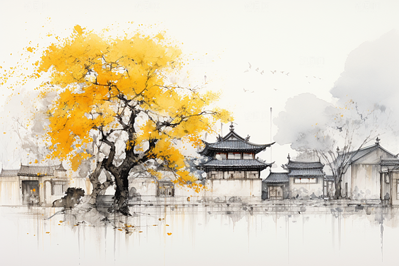 水墨江南中国风水彩插画