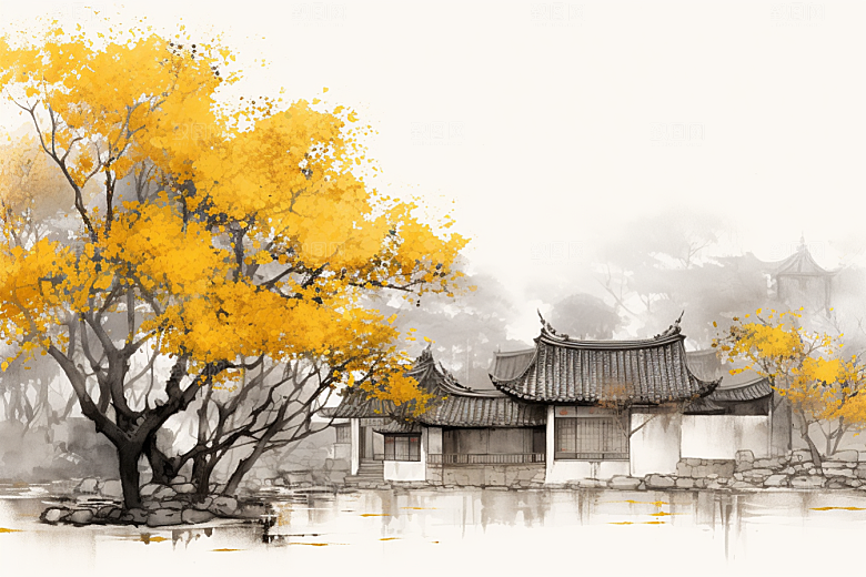 水墨江南粉墙黛瓦小镇插画