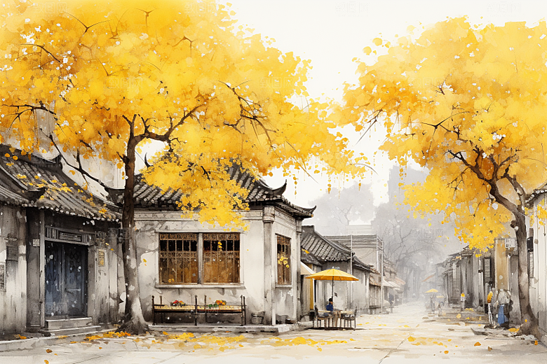 水墨江南晕染水乡插画