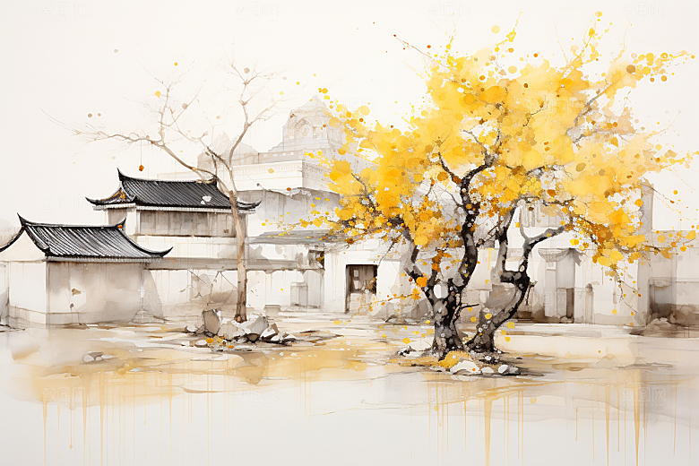 水墨江南水彩水乡插画