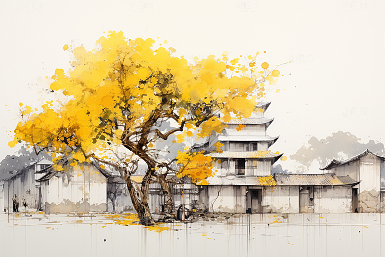 水墨江南水彩晕染插画