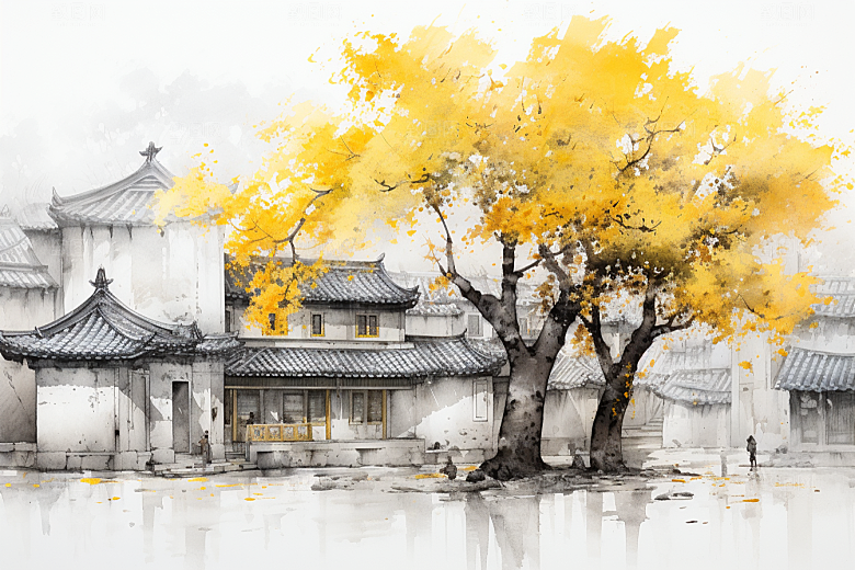 水墨江南晕染小桥流水插画