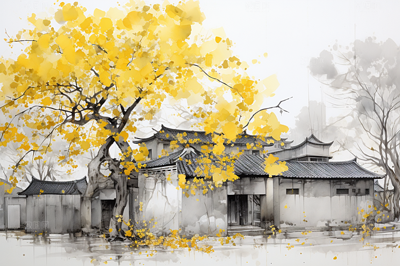 水墨江南中国风水彩插画