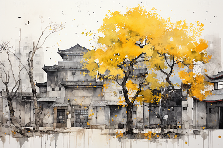 水墨江南水乡晕染插画