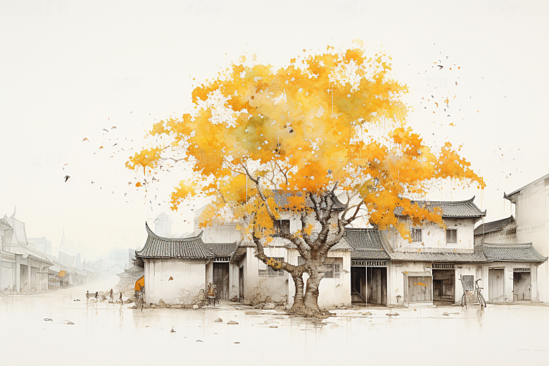 水墨江南小镇水乡插画