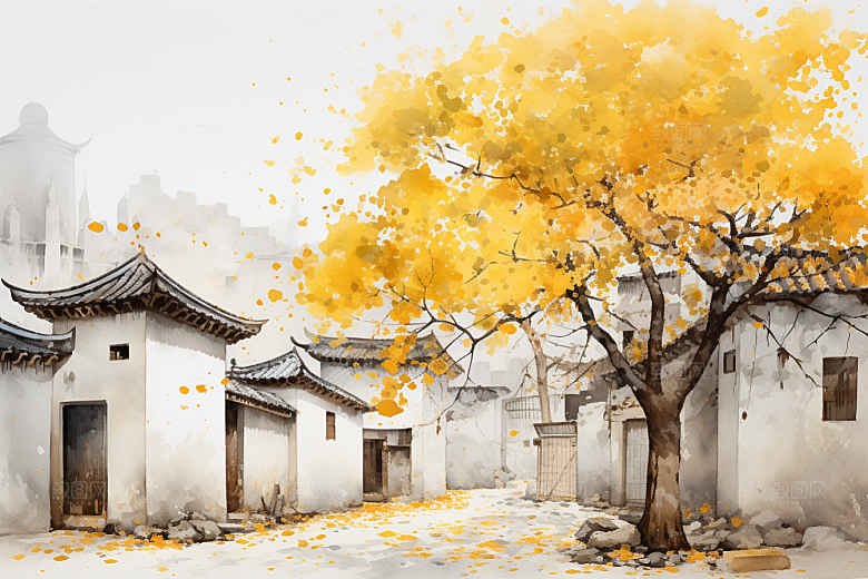 水墨江南粉墙黛瓦小镇插画