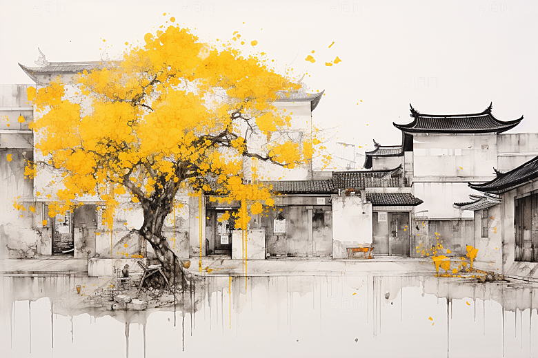 水墨江南水彩粉墙黛瓦插画