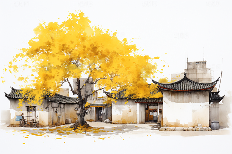 水墨江南小镇粉墙黛瓦插画