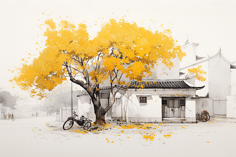 水墨江南中国风粉墙黛瓦插画