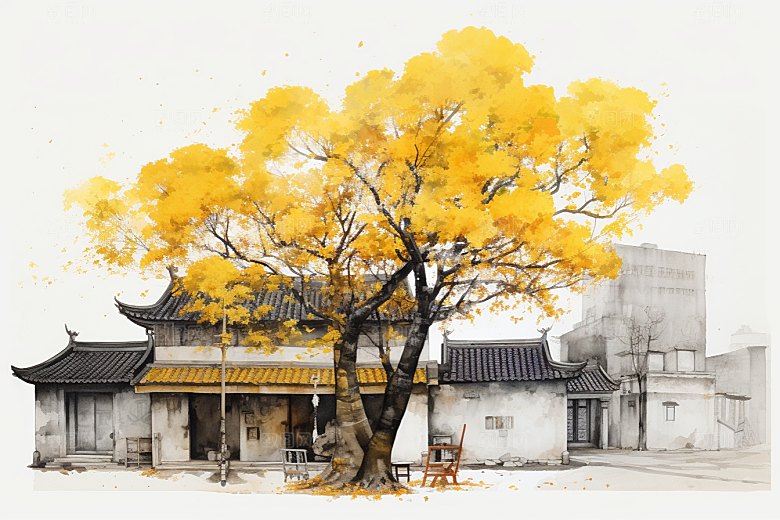 水墨江南小桥流水水彩插画