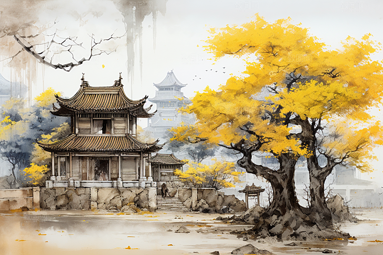 水墨江南粉墙黛瓦小桥流水插画