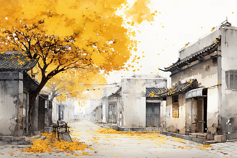 水墨江南水乡手绘插画