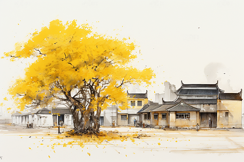 水墨江南小镇中国风插画