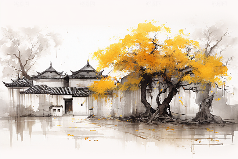 水墨江南小镇晕染插画