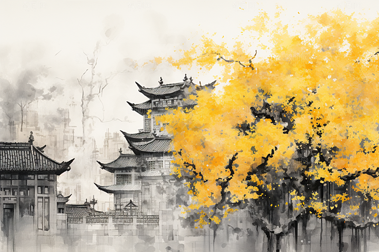 水墨江南小镇粉墙黛瓦插画