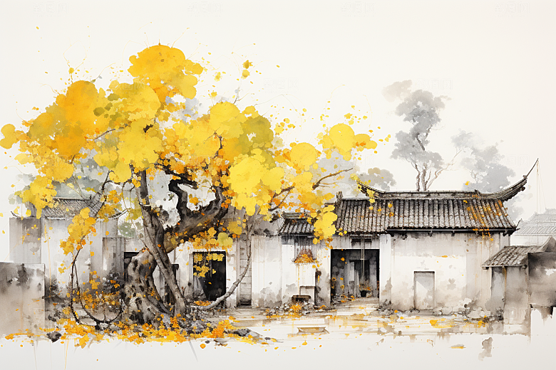 水墨江南手绘晕染插画