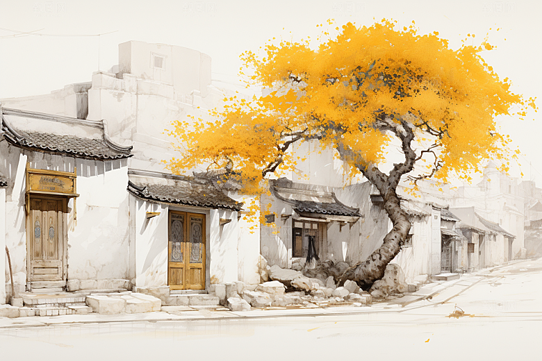 水墨江南手绘水彩插画