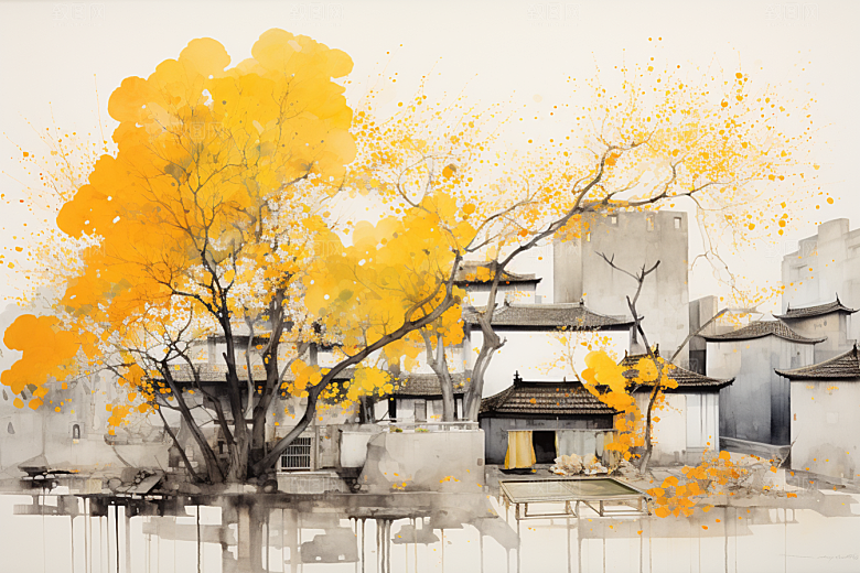 水墨江南水彩水乡插画
