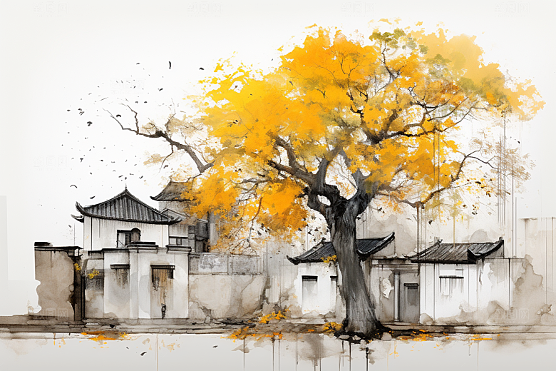 水墨江南中式小镇插画