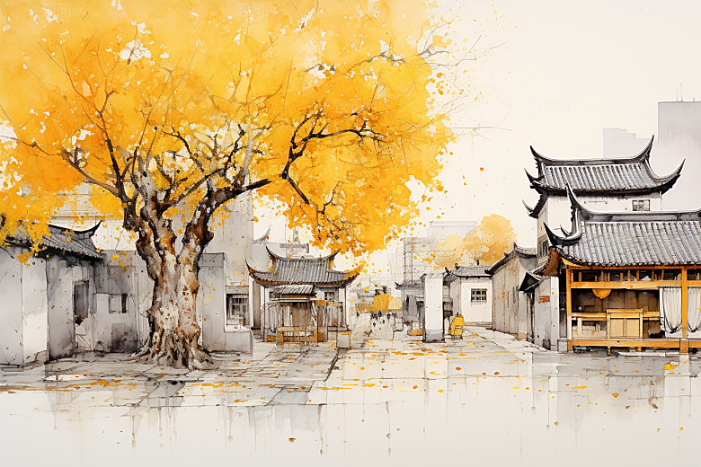 水墨江南粉墙黛瓦晕染插画
