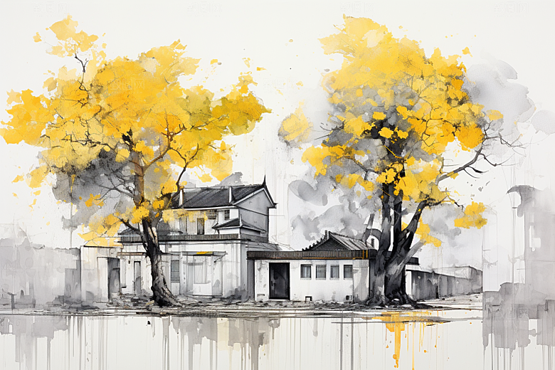 水墨江南粉墙黛瓦小镇插画