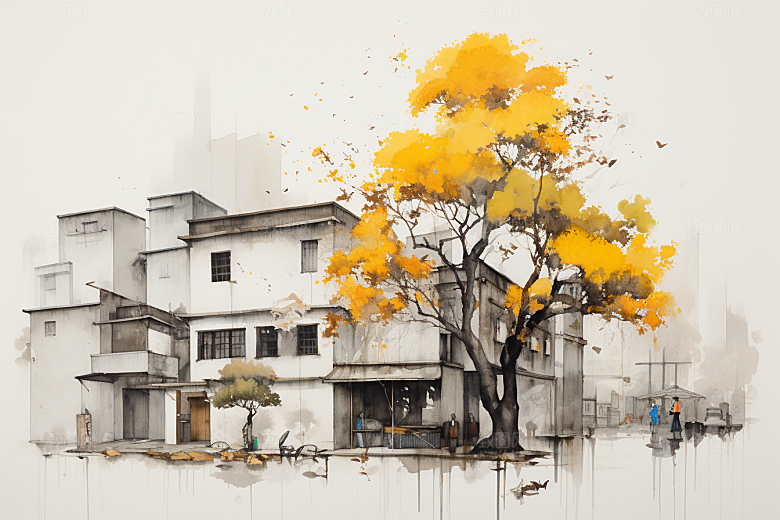 水墨江南晕染水彩插画