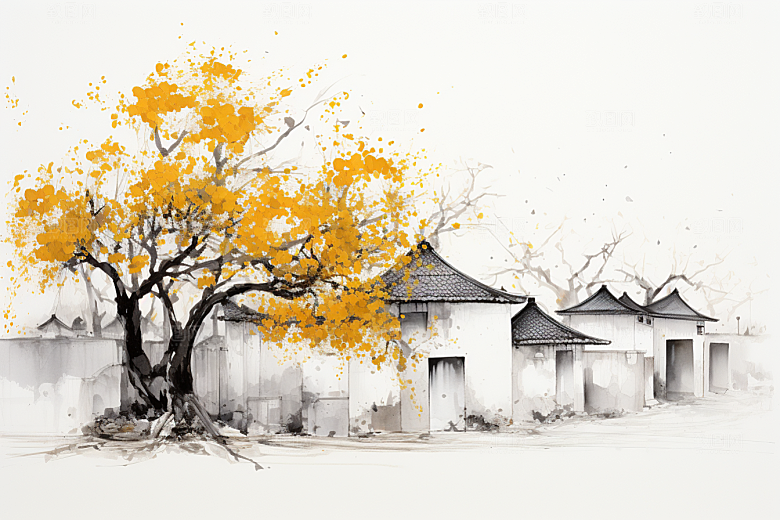 水墨江南粉墙黛瓦水乡插画