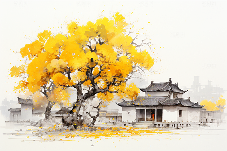 水墨江南小镇水彩插画
