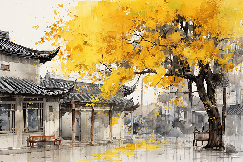 水墨江南粉墙黛瓦中国风插画