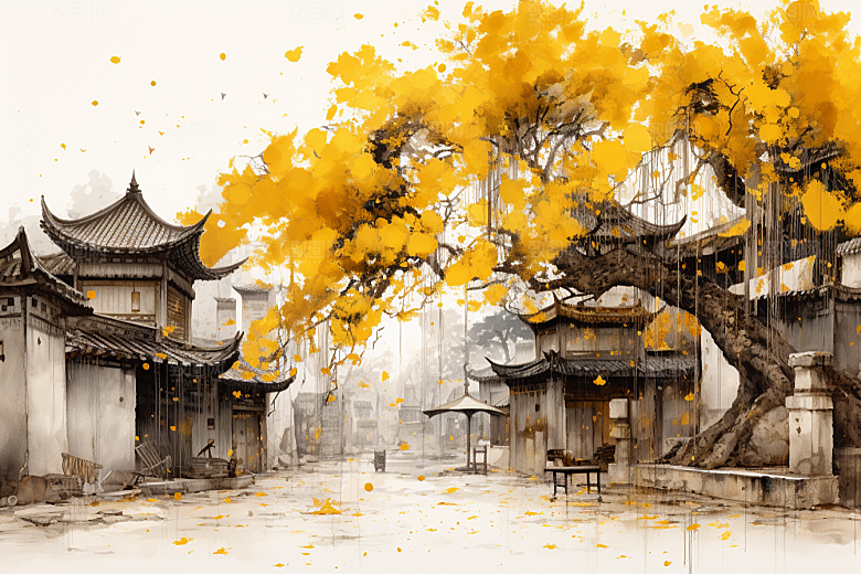 水墨江南晕染中式插画