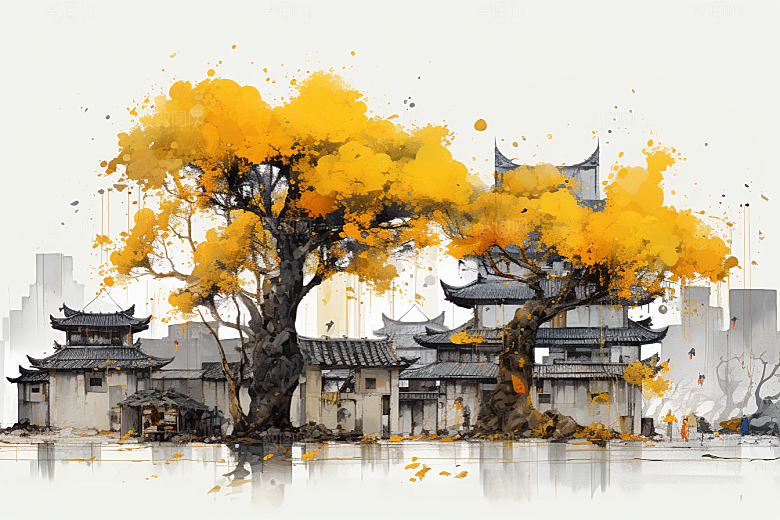水墨江南粉墙黛瓦晕染插画