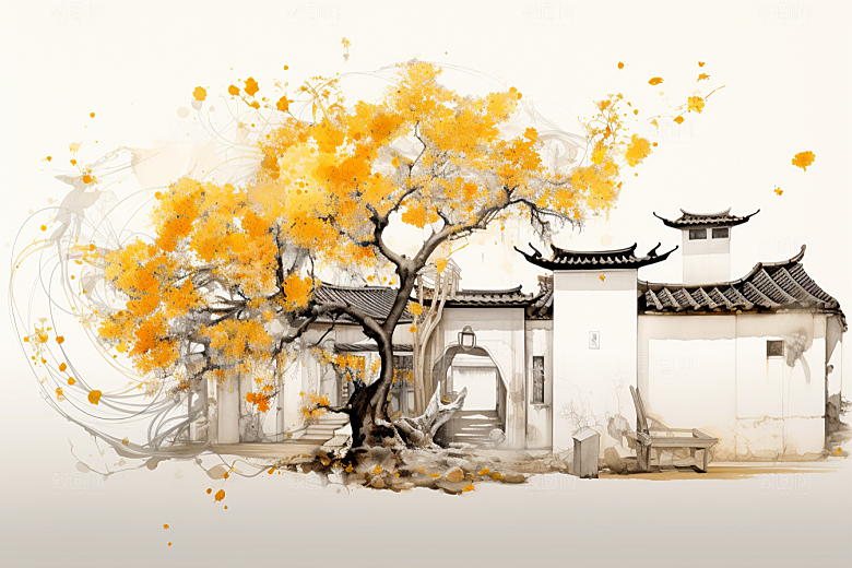 水墨江南中式手绘插画