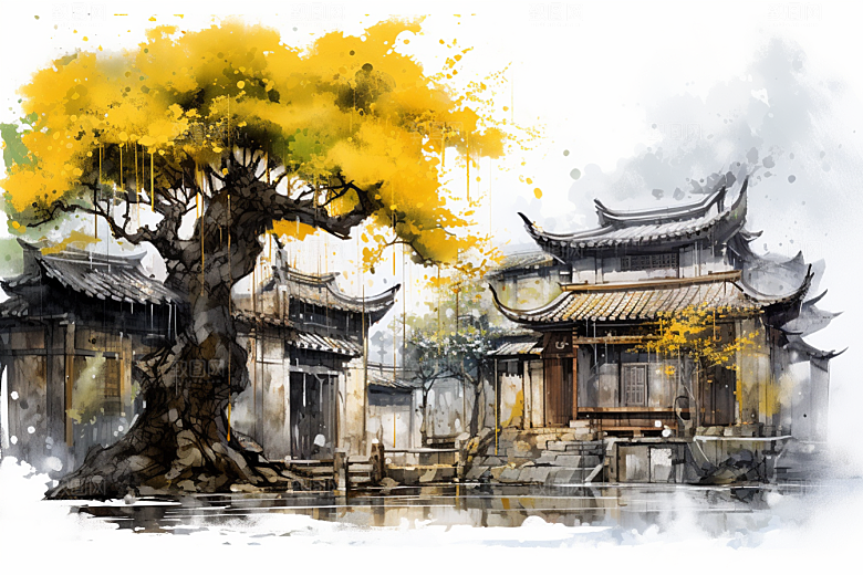 水墨江南手绘小桥流水插画