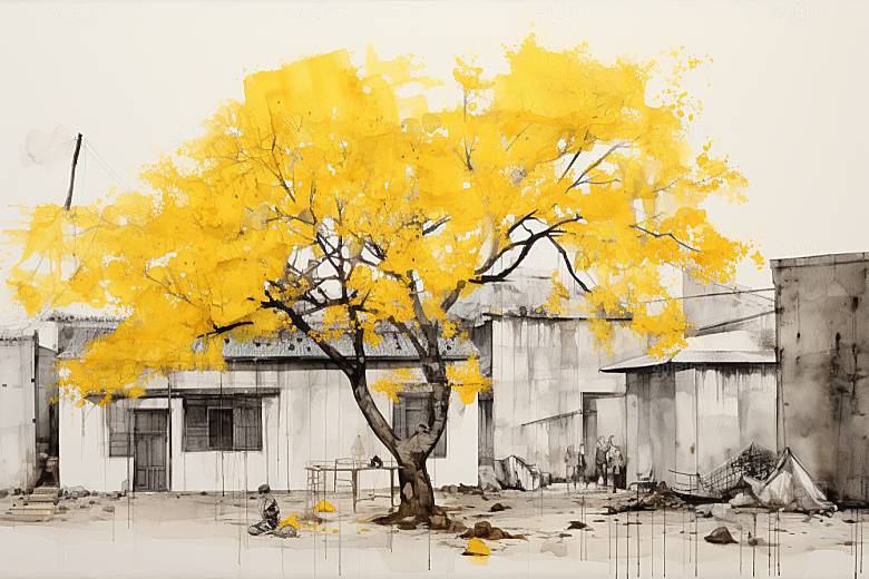 水墨江南手绘粉墙黛瓦插画