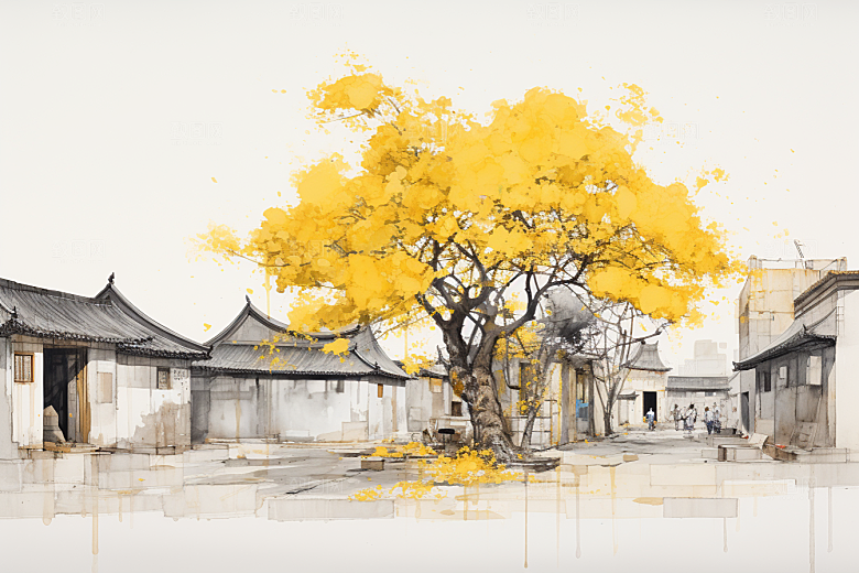 水墨江南手绘晕染插画