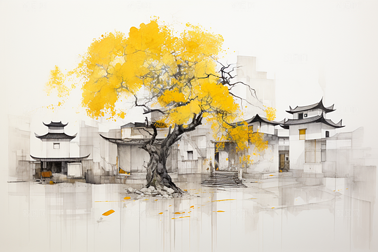 水墨江南手绘水彩插画