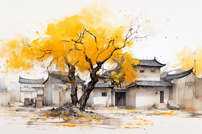 水墨江南粉墙黛瓦小镇插画
