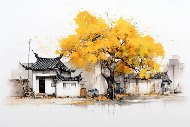 水墨江南手绘水彩插画