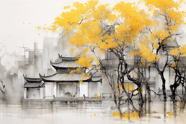 水墨江南小桥流水中国风插画