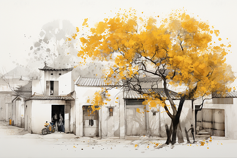 水墨江南水彩中国风插画