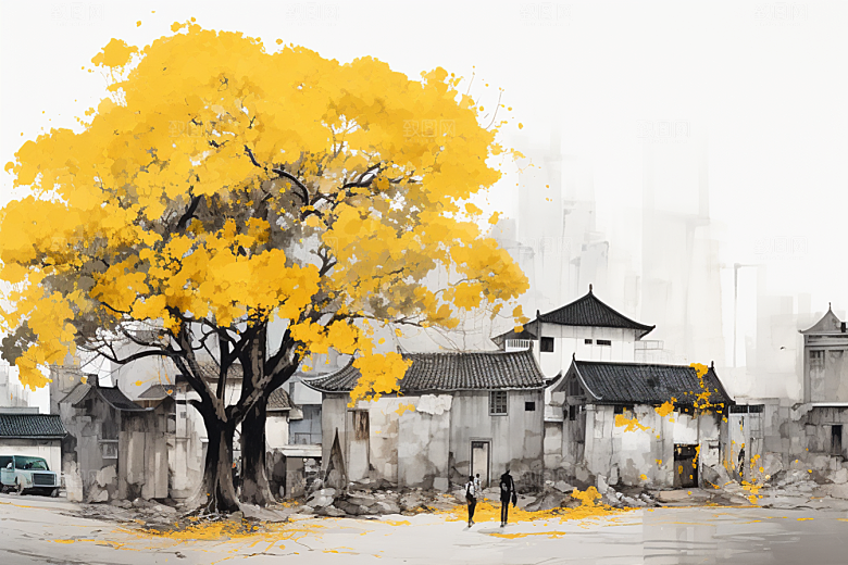 水墨江南晕染水彩插画
